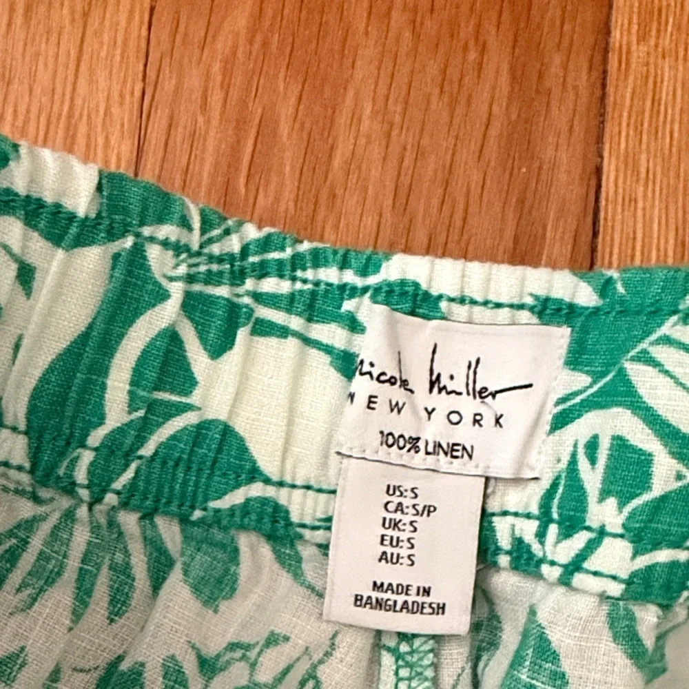 Nicole Miller 100% Linen Green Leaf Cropped Pants Pull On Elastic Waist Women S